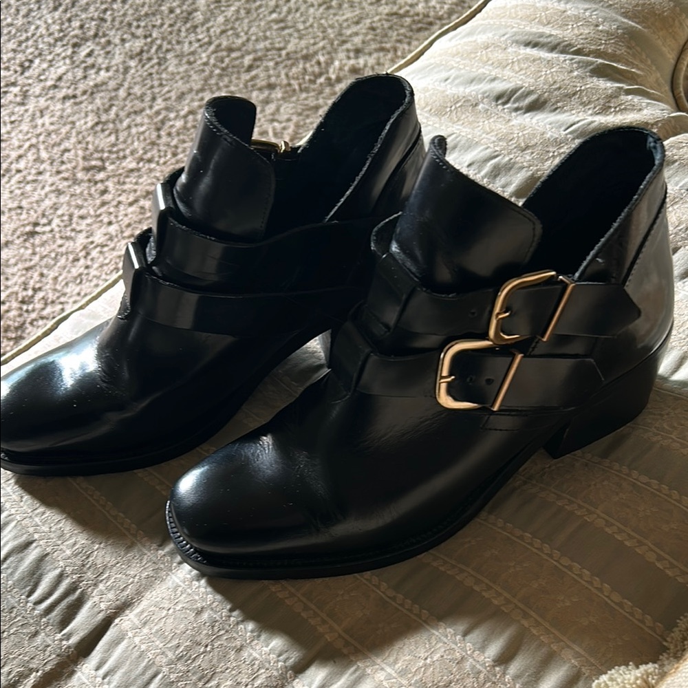 Women's Black Leather Ankle Boots with Gold Buckles